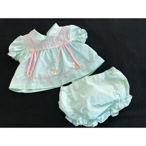 Vintage Baby Girl Teal Blue Dress Set Daisy Embroidered Bloomers Easter